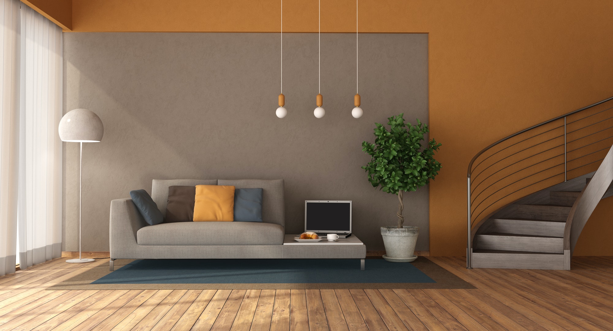 Contacto Modern living room with sofa and staircase